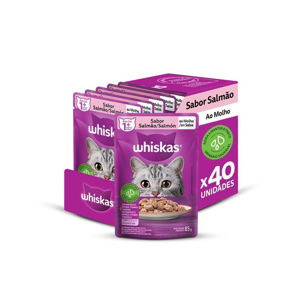Kit Ração Úmida Whiskas Sachê Salmão ao Molho para Gatos Adultos 40 Unidades