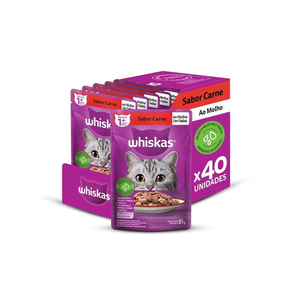 Kit Ração Úmida Whiskas Sachê Carne ao Molho para Gatos Adultos 40 Unidades