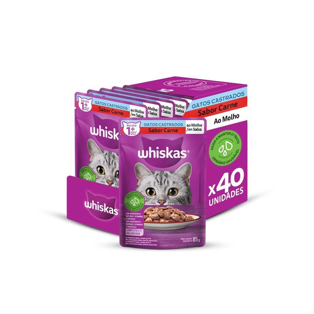 Kit Ração Úmida Whiskas Sachê Carne ao Molho para Gatos Adultos Castrados 40 Unidades