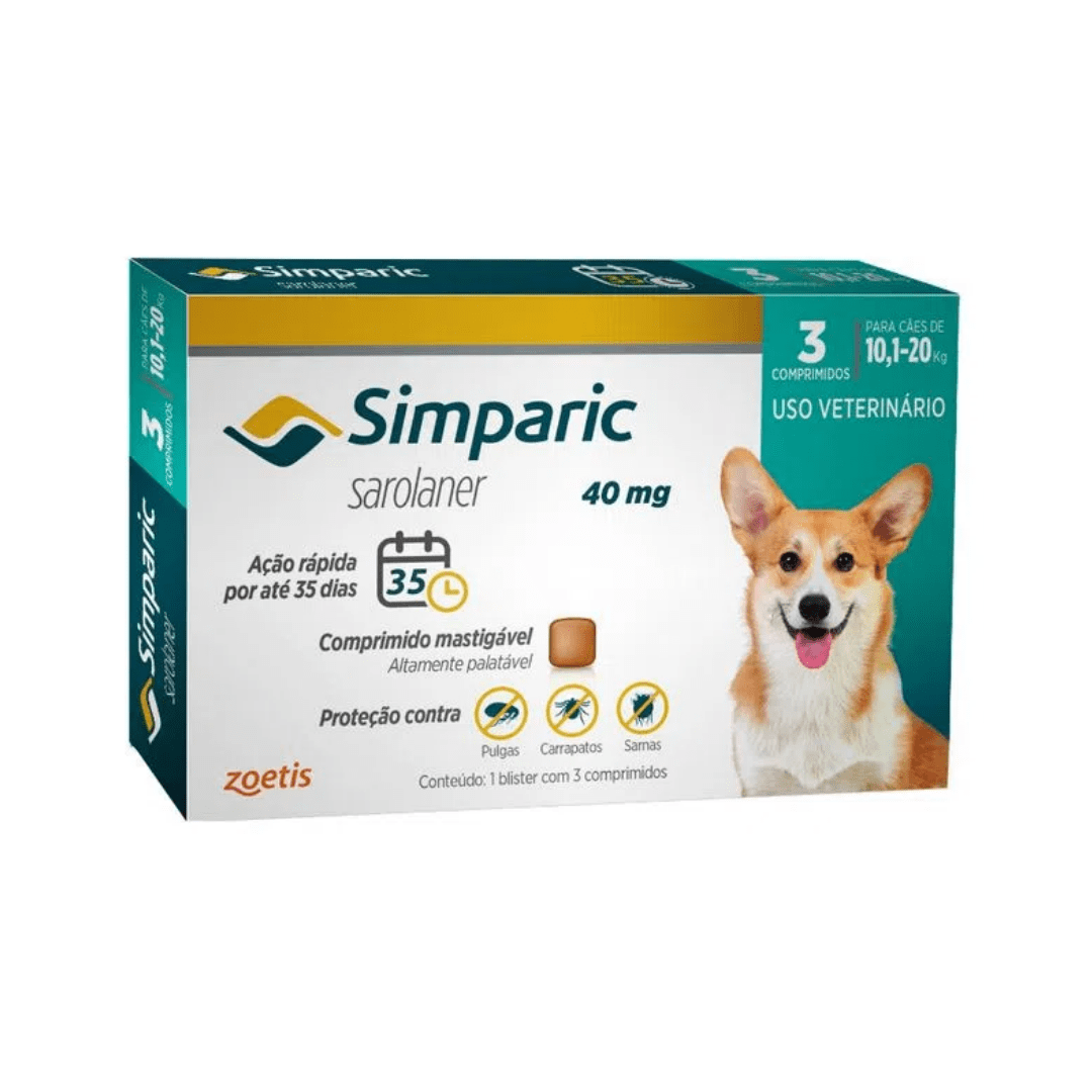 Antipulgas Simparic para Cães de 10,1 a 20 Kg (40 mg) 3 Comprimidos