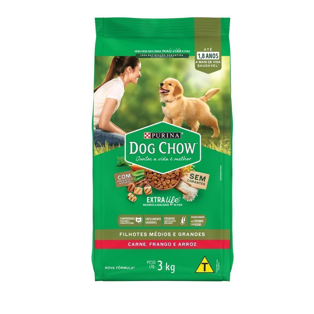 Ração DOG CHOW Cães Filhotes Médios e Grandes Carne, Frango e Arroz 3kg