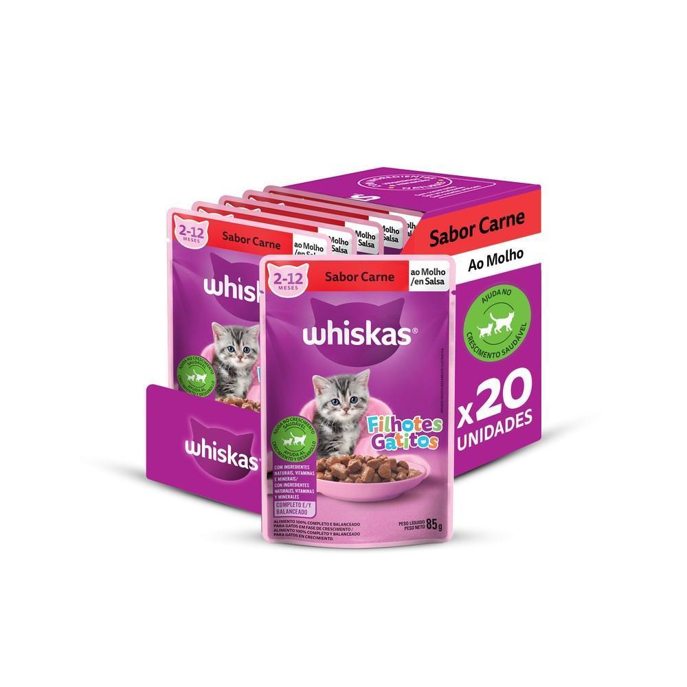 Kit Ração Úmida Whiskas Sachê Carne ao Molho para Gatos Filhotes 20 Unidades