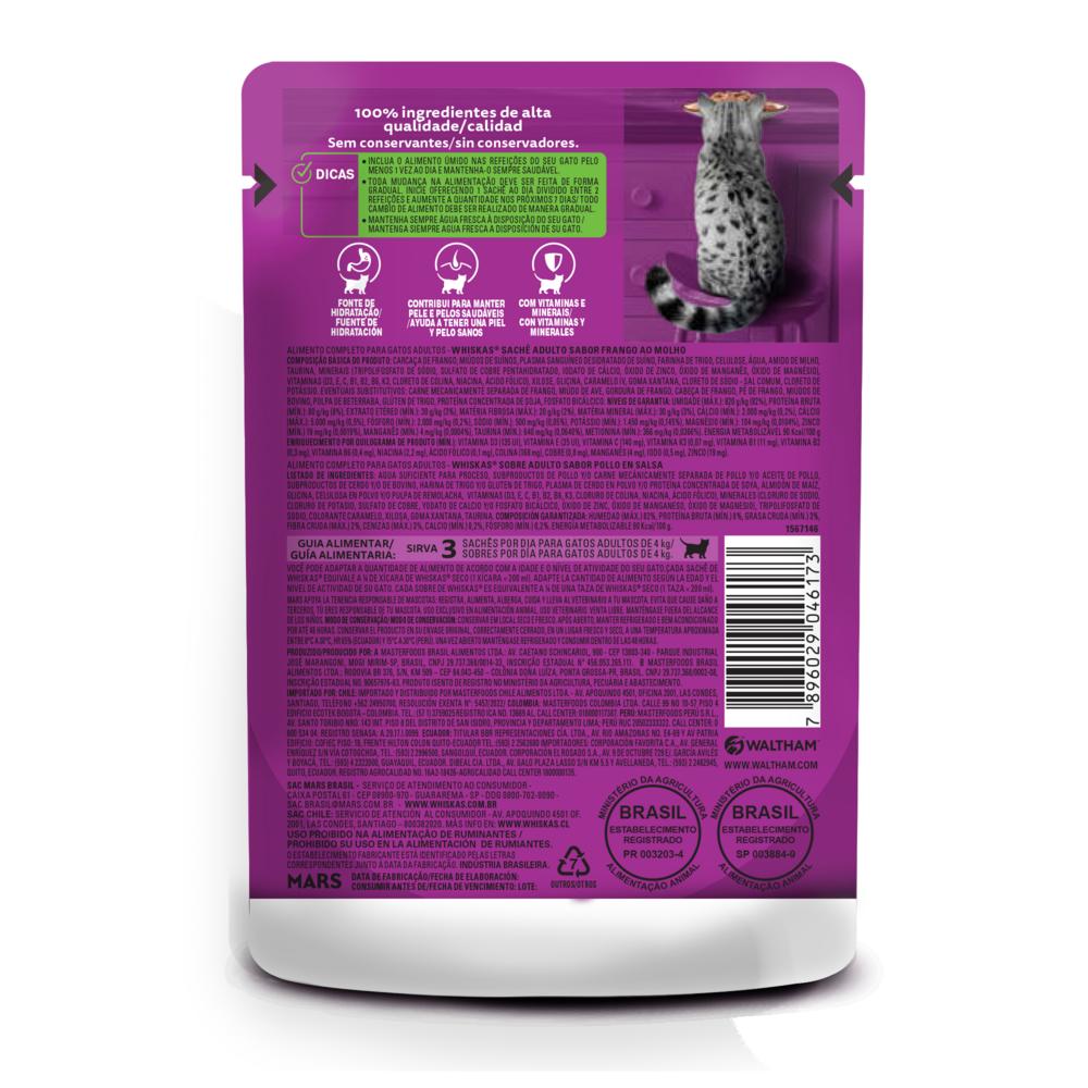 Ração Úmida Whiskas Sachê Frango ao Molho para Gatos Adultos 85 g