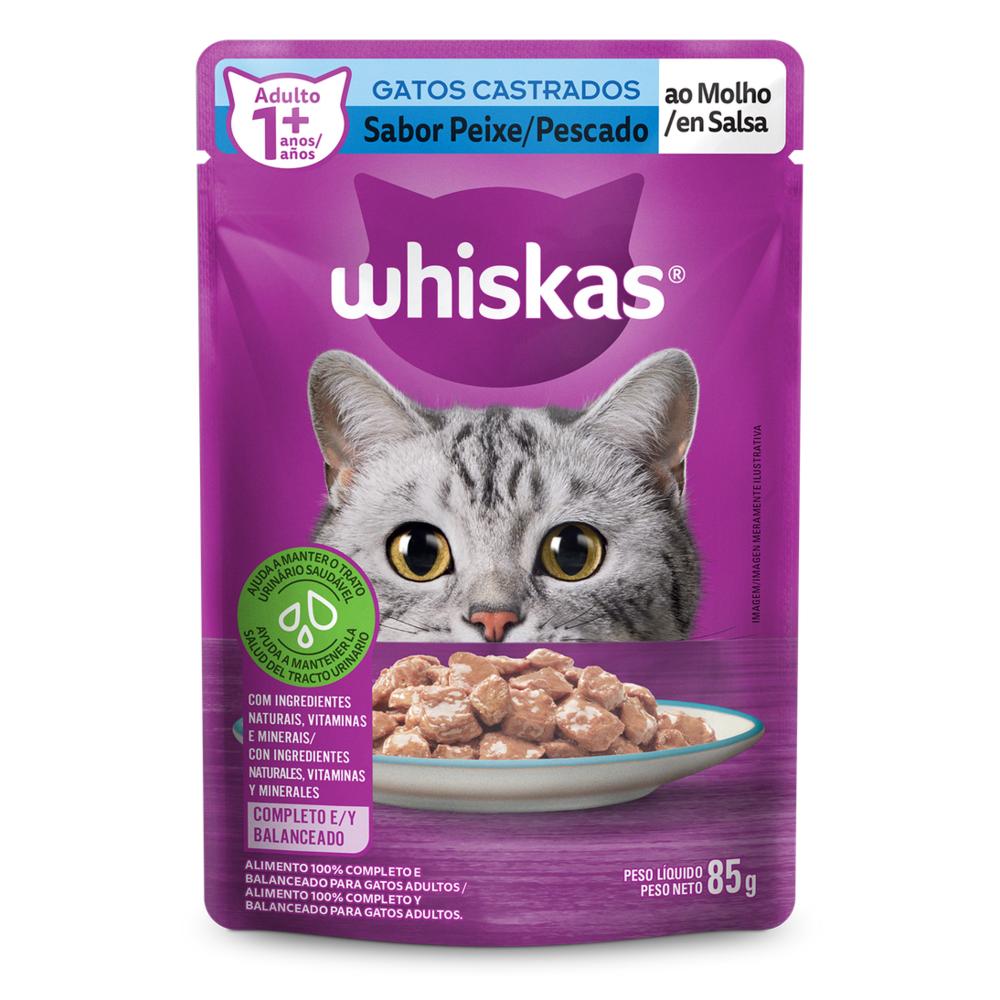 Ração Úmida Whiskas Sachê Peixe ao Molho para Gatos Adultos Castrados 85 g