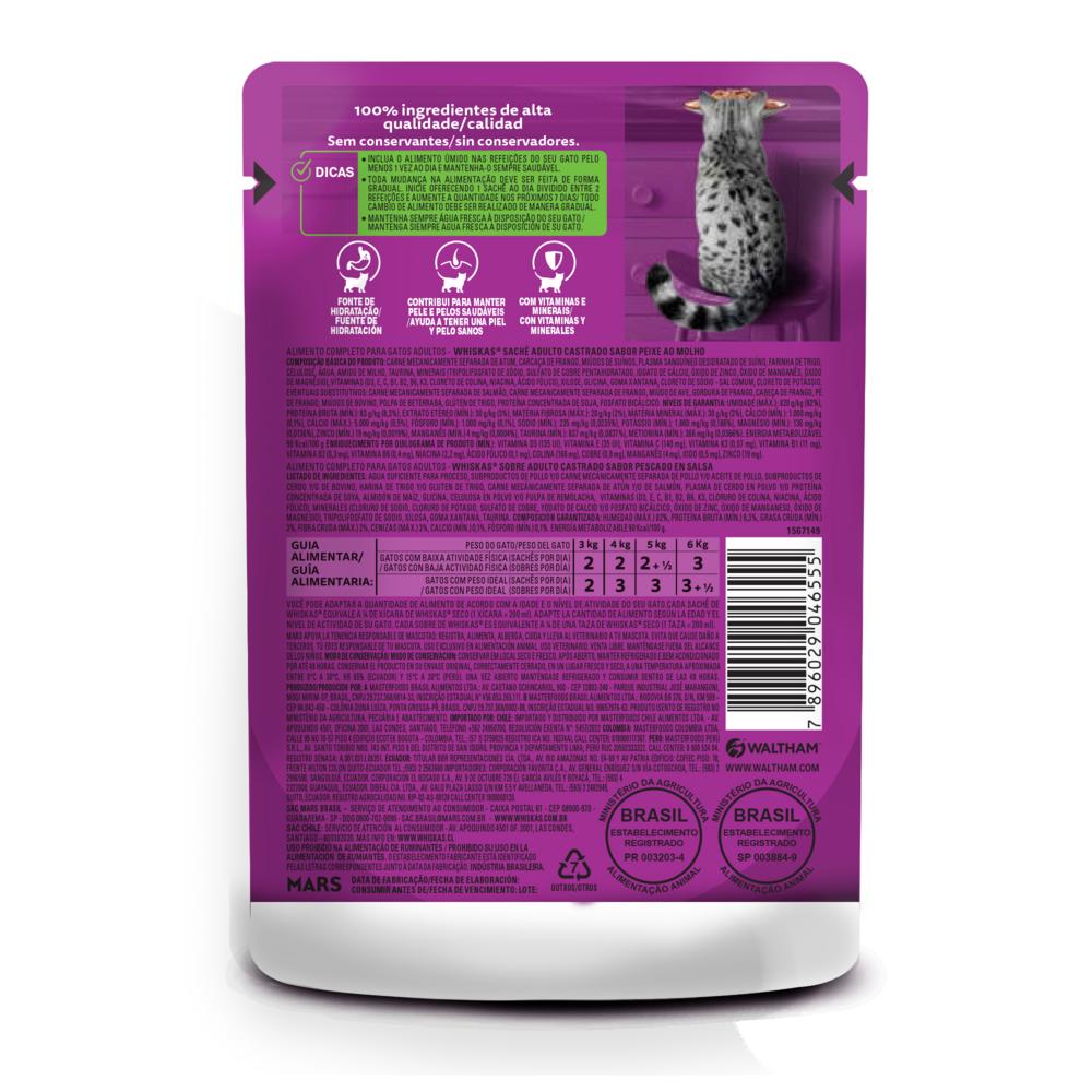 Ração Úmida Whiskas Sachê Peixe ao Molho para Gatos Adultos Castrados 85 g