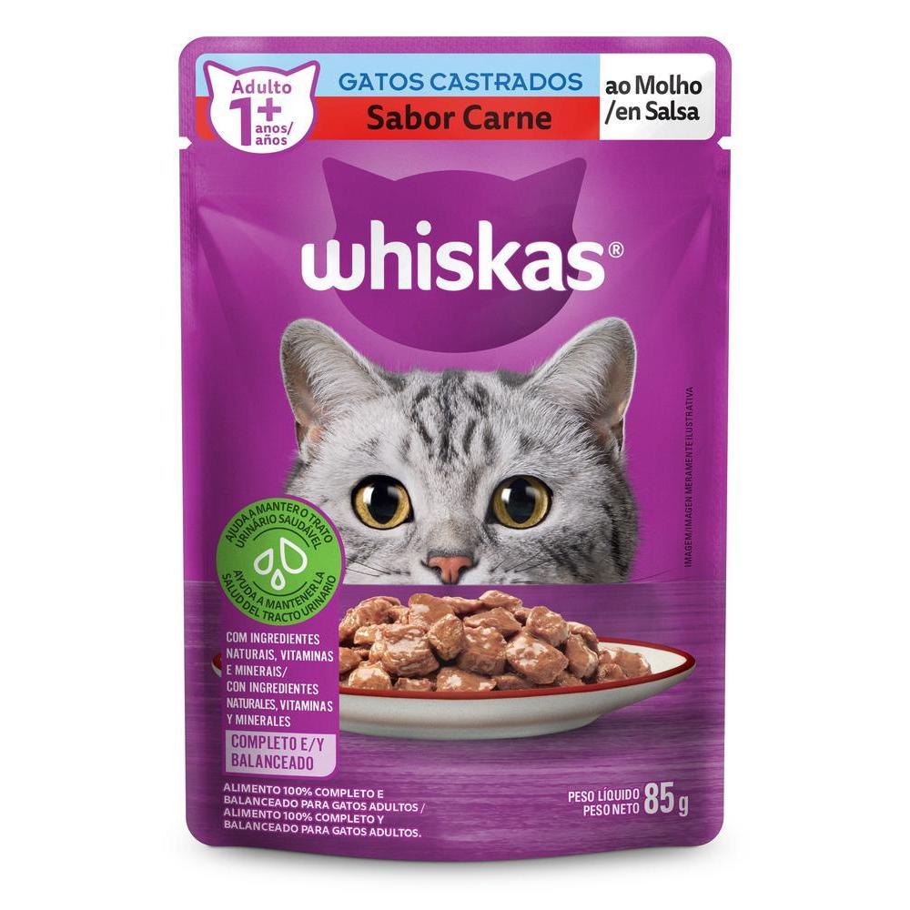 Ração Úmida Whiskas Sachê Carne ao Molho para Gatos Adultos Castrados 85 g