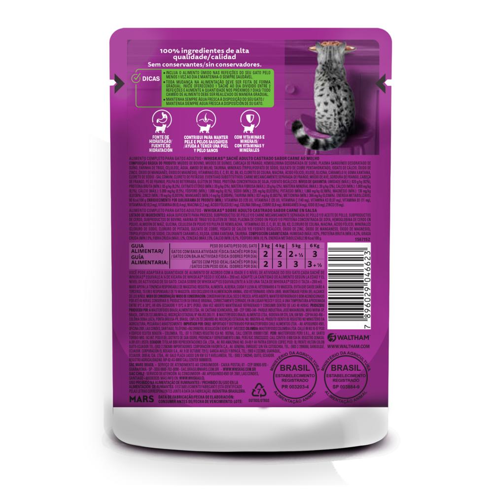 Ração Úmida Whiskas Sachê Carne ao Molho para Gatos Adultos Castrados 85 g