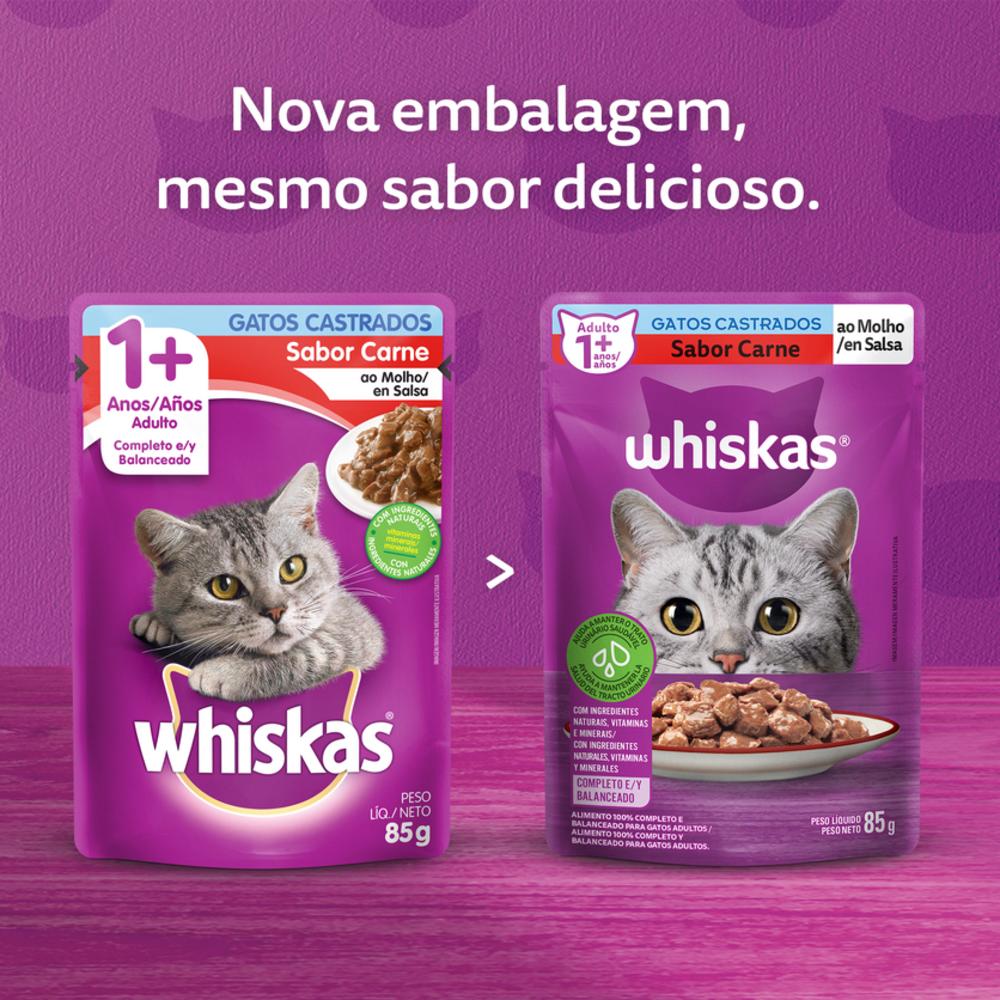 Ração Úmida Whiskas Sachê Carne ao Molho para Gatos Adultos Castrados 85 g