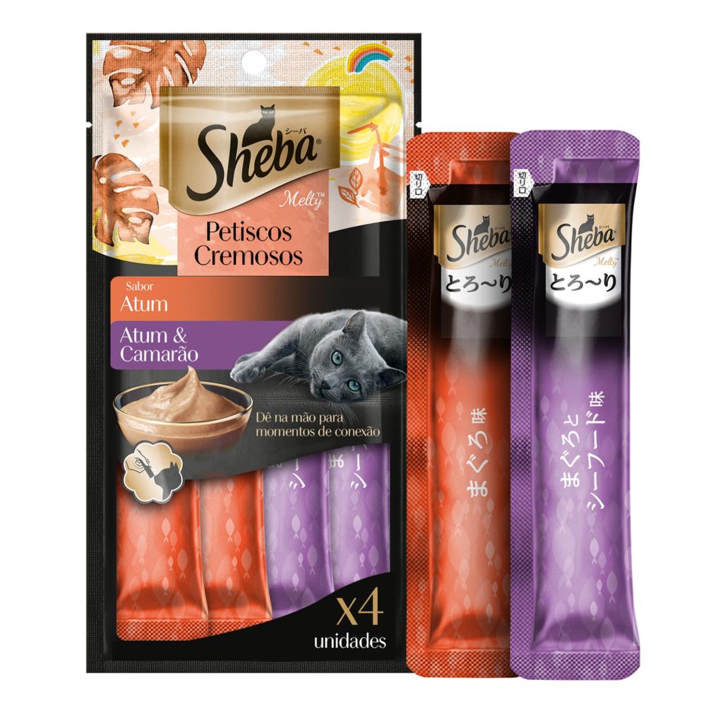 Petisco Sheba Cremoso Sabores Atum e Atum & Camarão Gatos Adultos 4 Uni