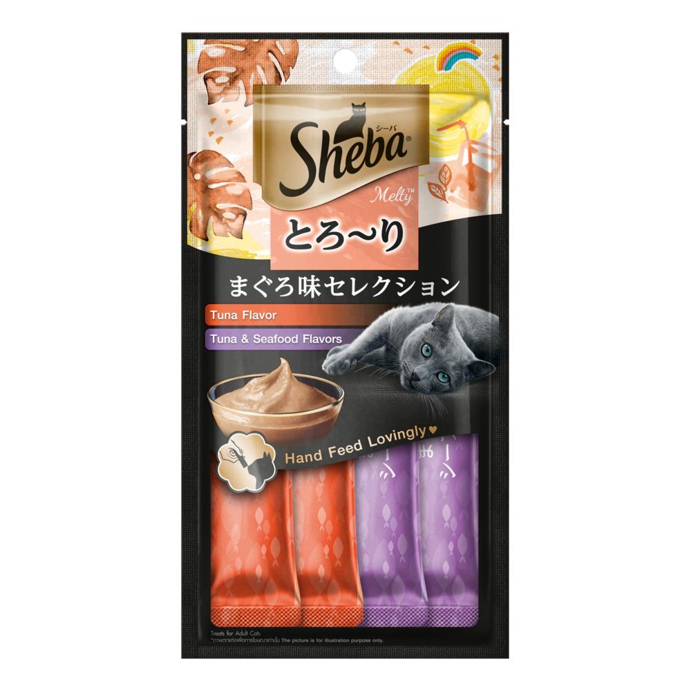 Petisco Sheba Cremoso Sabores Atum e Atum & Camarão Gatos Adultos 4 Uni