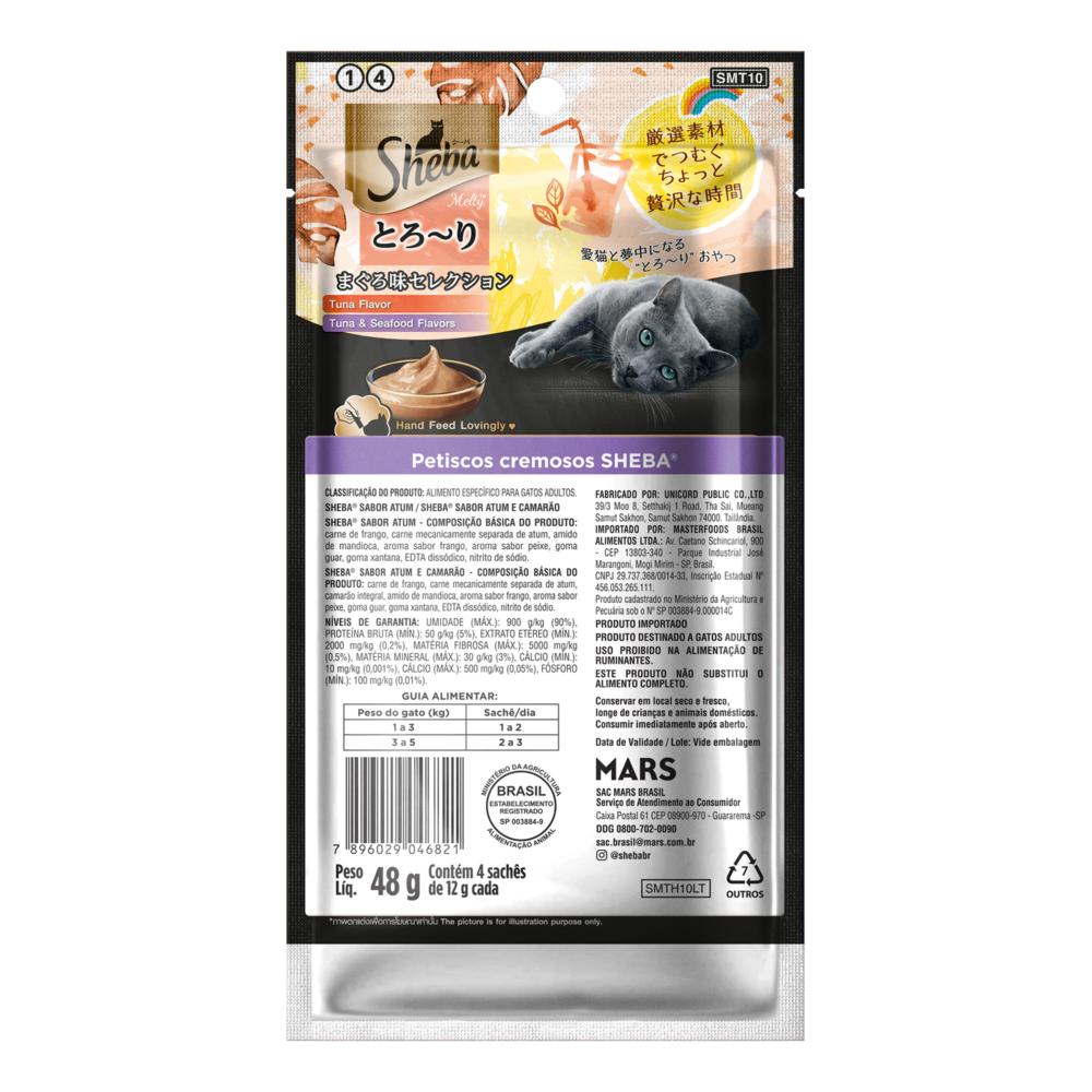 Petisco Sheba Cremoso Sabores Atum e Atum & Camarão Gatos Adultos 4 Uni