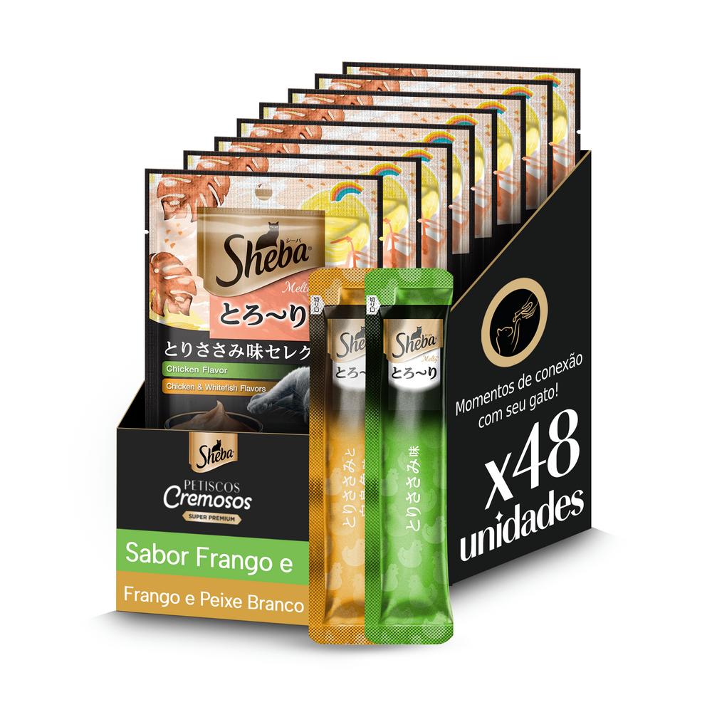 Kit Petisco Sheba Cremoso Sabores Frango e Frango & Peixe Branco Gatos Adultos 12 x 4 Uni