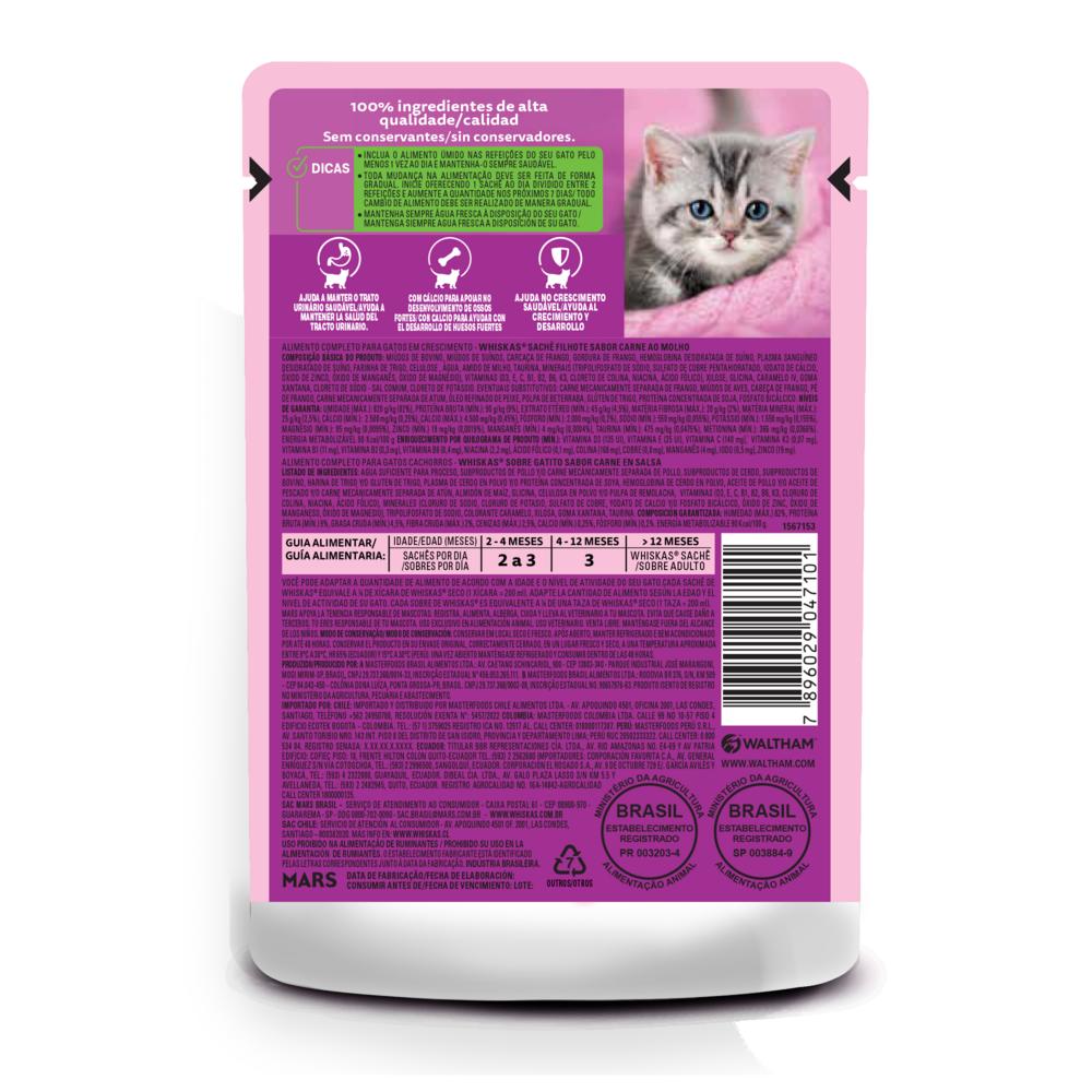 Ração Úmida Whiskas Sachê Carne ao Molho para Gatos Filhotes 85 g