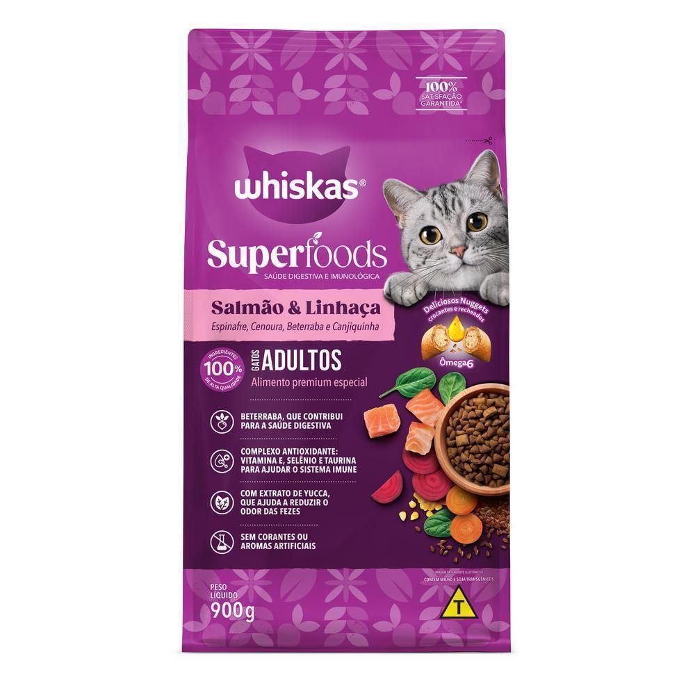 Ração Whiskas Superfoods Salmão e Linhaça Gatos Adultos 900g