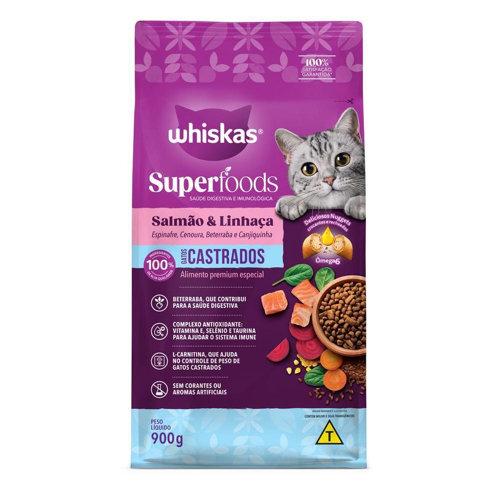 Ração Whiskas Superfoods Salmão e Linhaça Gatos Adultos Castrados 900g