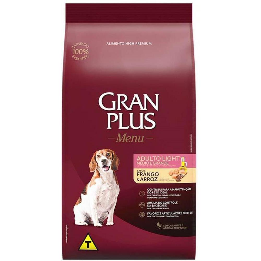 Ração Menu Light para Cães Adultos de Porte Médio e Grande Sabor Frango e Arroz Gran Plus 15Kg