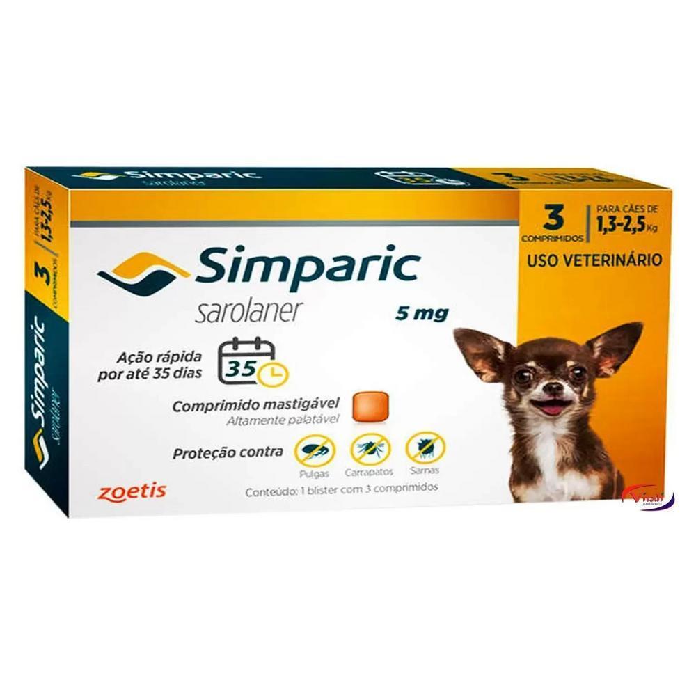 Simparic para Cães de 1,3 a 2,5 Kg (5 mg) - Antipulgas 3 comprimidos