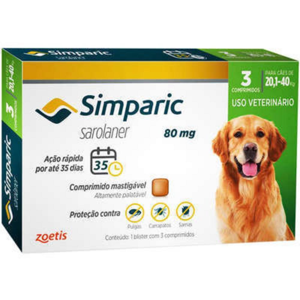 Antipulgas Simparic para Cães de 20,1 a 40 Kg (80 mg) 3 Comprimidos