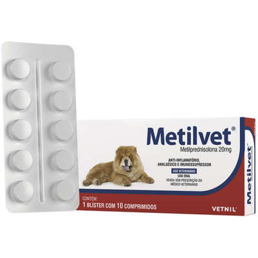 Anti-inflamatório Vetnil Metilvet 20 mg para Cães e Gatos - 10 Comprimidos
