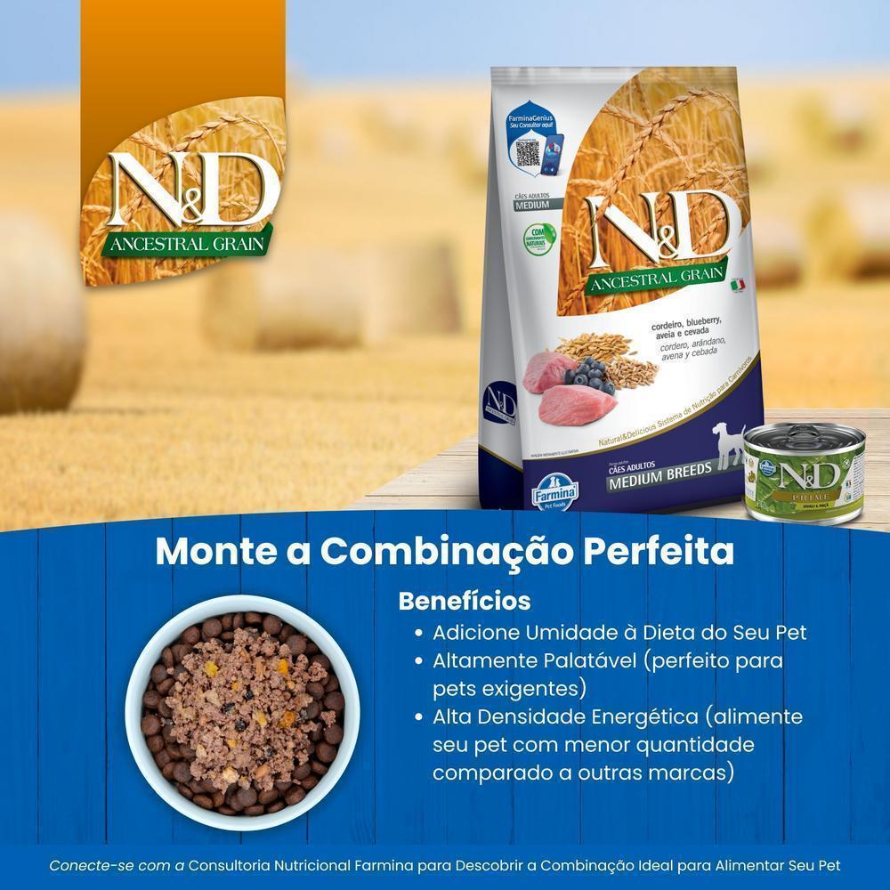N&D Ancestral para Cães Adultos de Raças Médias Sabor Cordeiro, Blueberry, Aveia e Cevada 2,5Kg