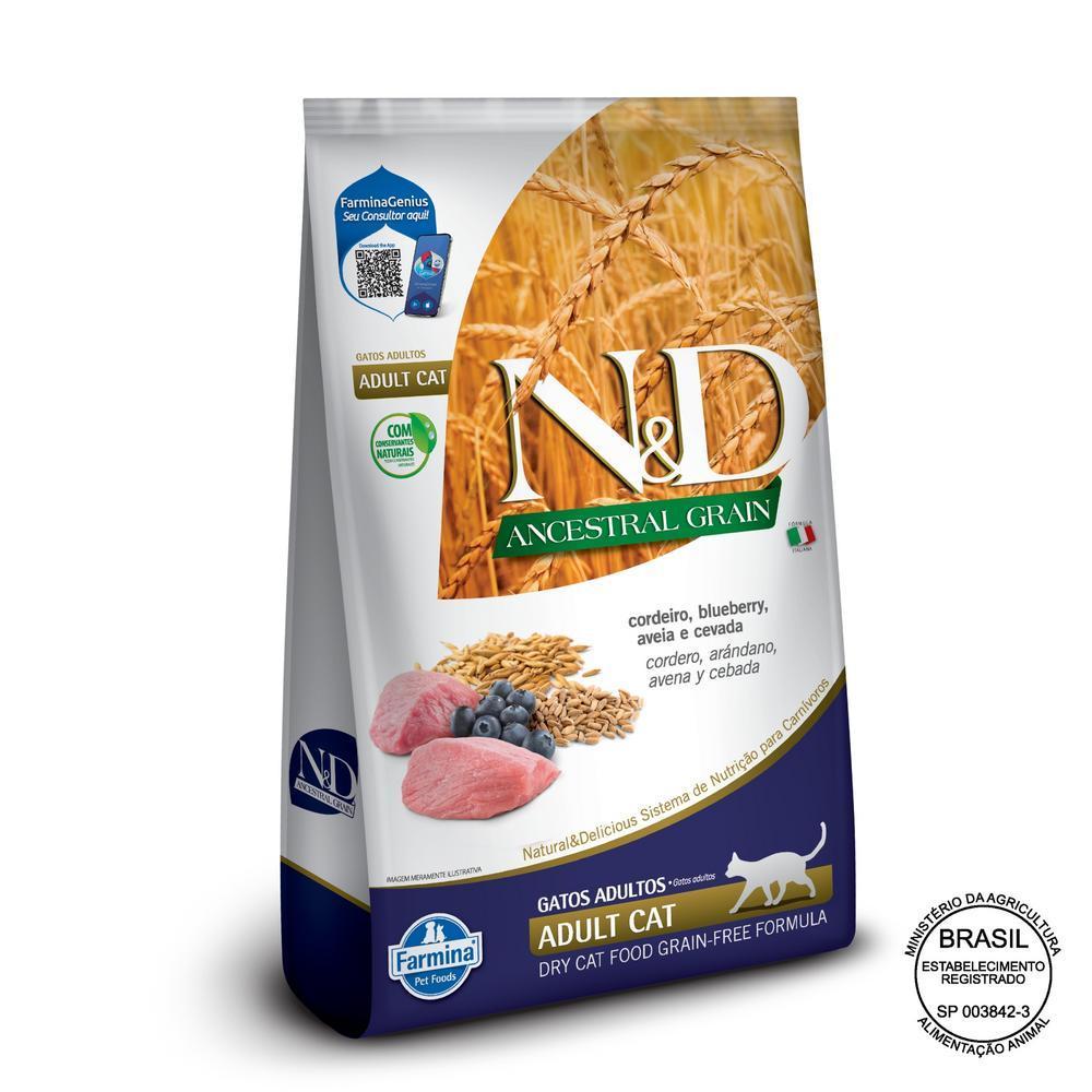 N&D Ancestral para Gatos Adultos de Todas as Raças Sabor Cordeiro, Blueberry, Aveia e Cevada 7,5Kg