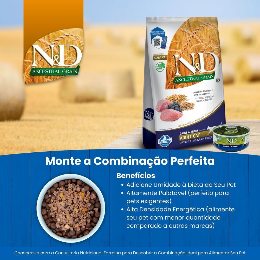 N&D Ancestral para Gatos Adultos de Todas as Raças Sabor Cordeiro, Blueberry, Aveia e Cevada 7,5Kg