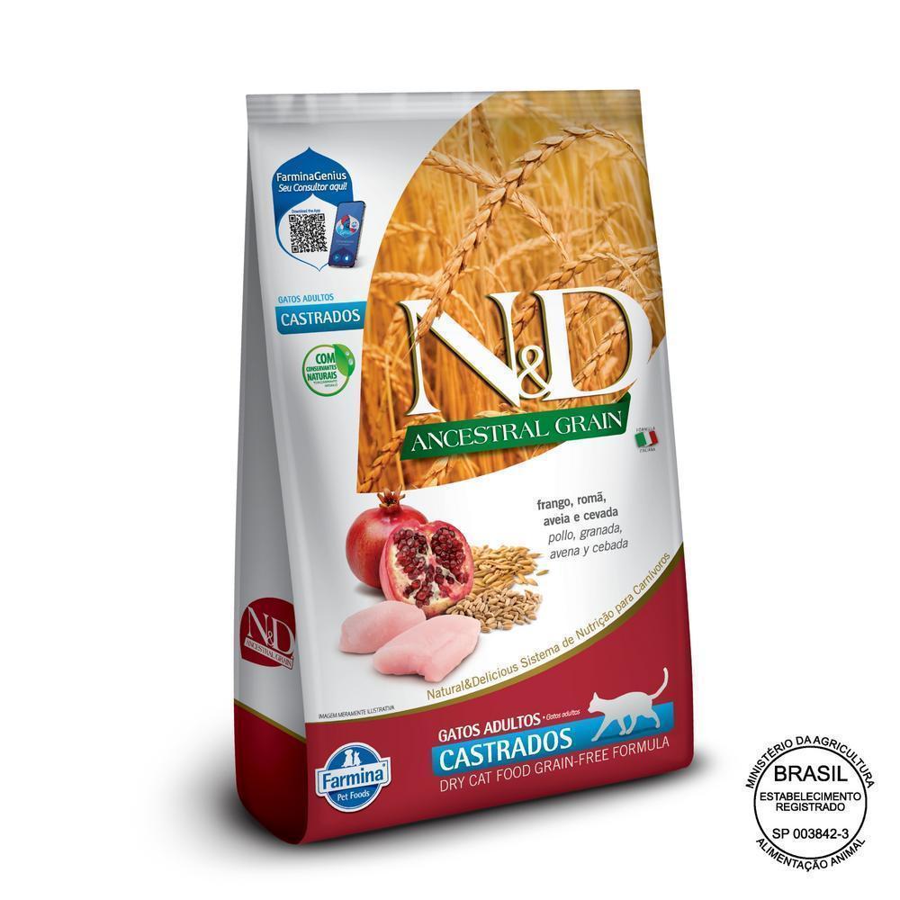 N&D Ancestral para Gatos Adultos Castrados de Todas as Raças Sabor Frango, Romã, Aveia e Cevada 7,5Kg