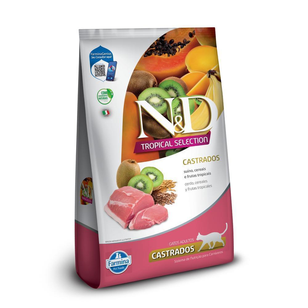 N&D Tropical para Gatos Adultos Castrados de Todas as Raças Sabor Suíno, Cereais e Frutas Tropicais 1,5Kg