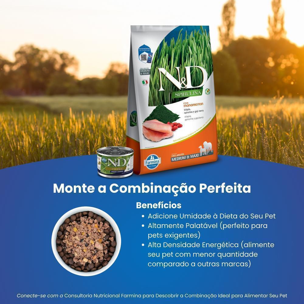 N&D Spirulina para Cães Adultos de Raças Médias e Grandes Sabor Tilápia, Spirulina e Goji Berry 10,1Kg