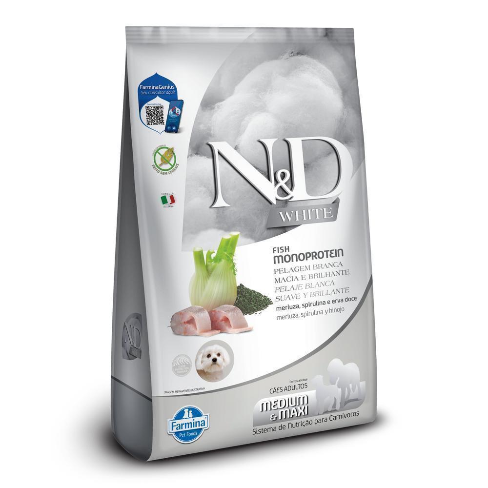 N&D White para Cães Adultos de Raças Médias e Grandes Sabor Merluza, Spirulina e Erva Doce 7Kg