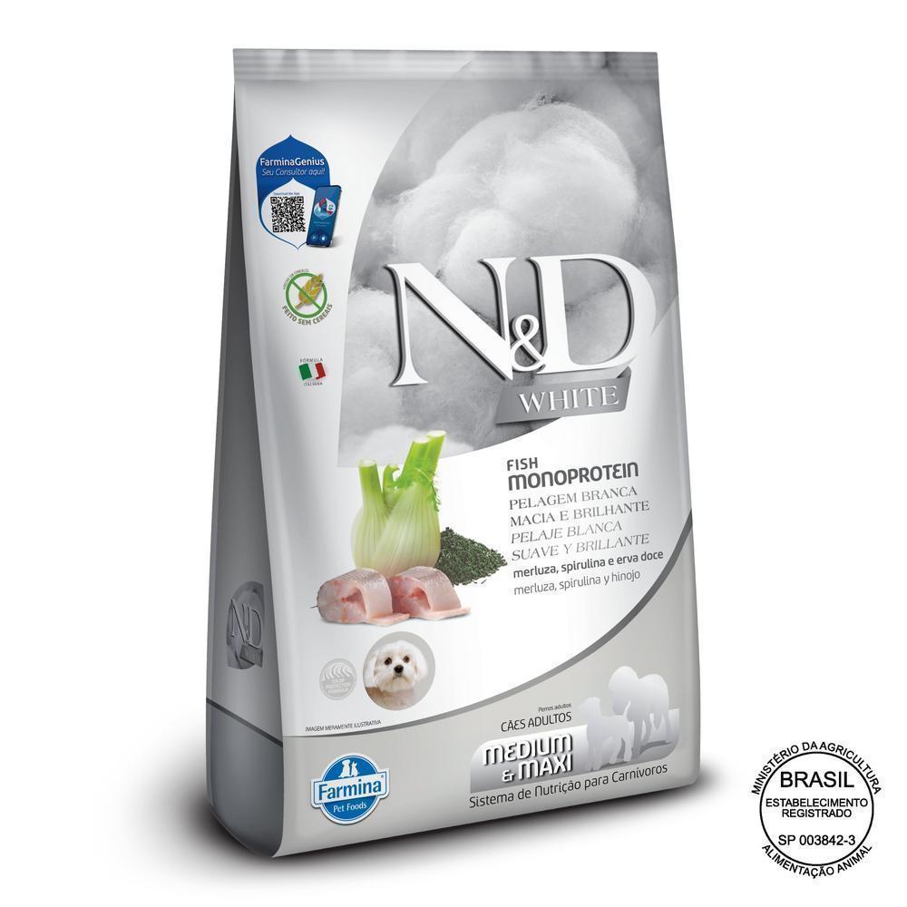 N&D White para Cães Adultos de Raças Médias e Grandes Sabor Merluza, Spirulina e Erva Doce 7Kg