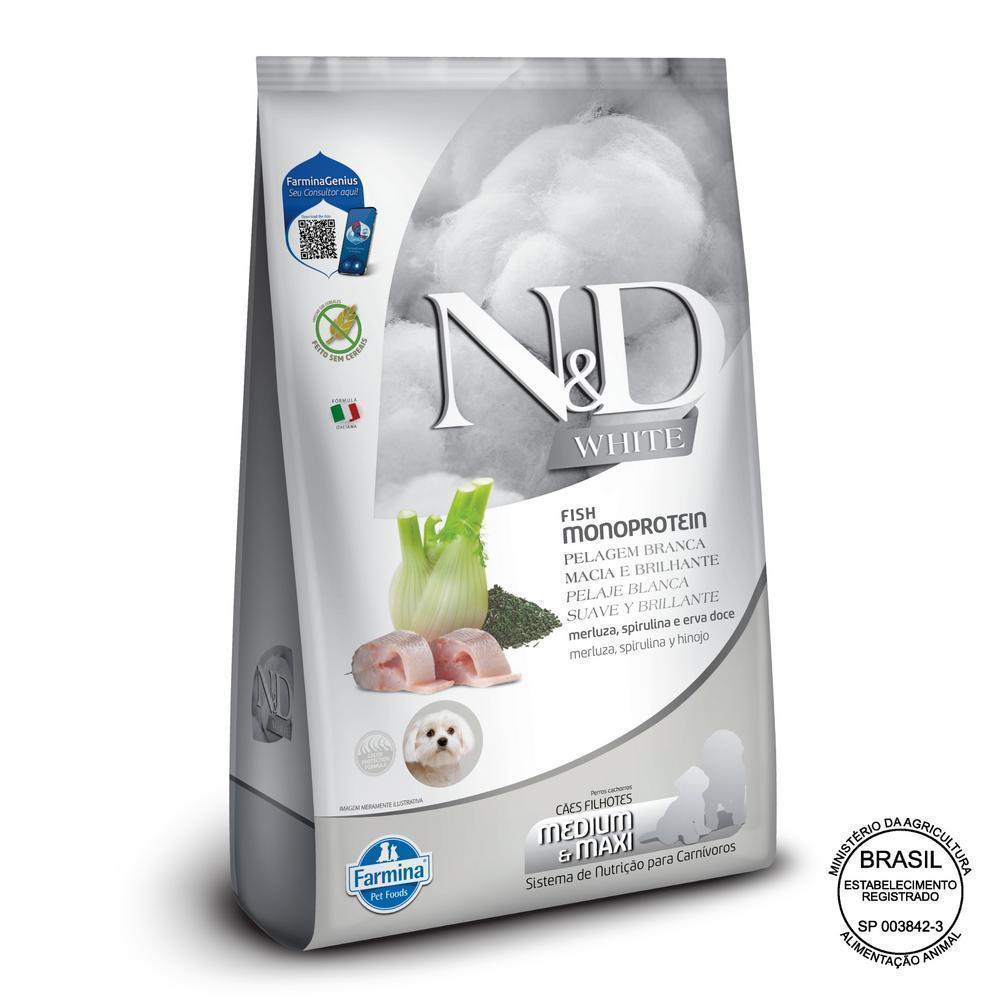 N&D White para Cães Filhotes de Raças Médias e Grandes Sabor Merluza, Spirulina e Erva Doce 7Kg