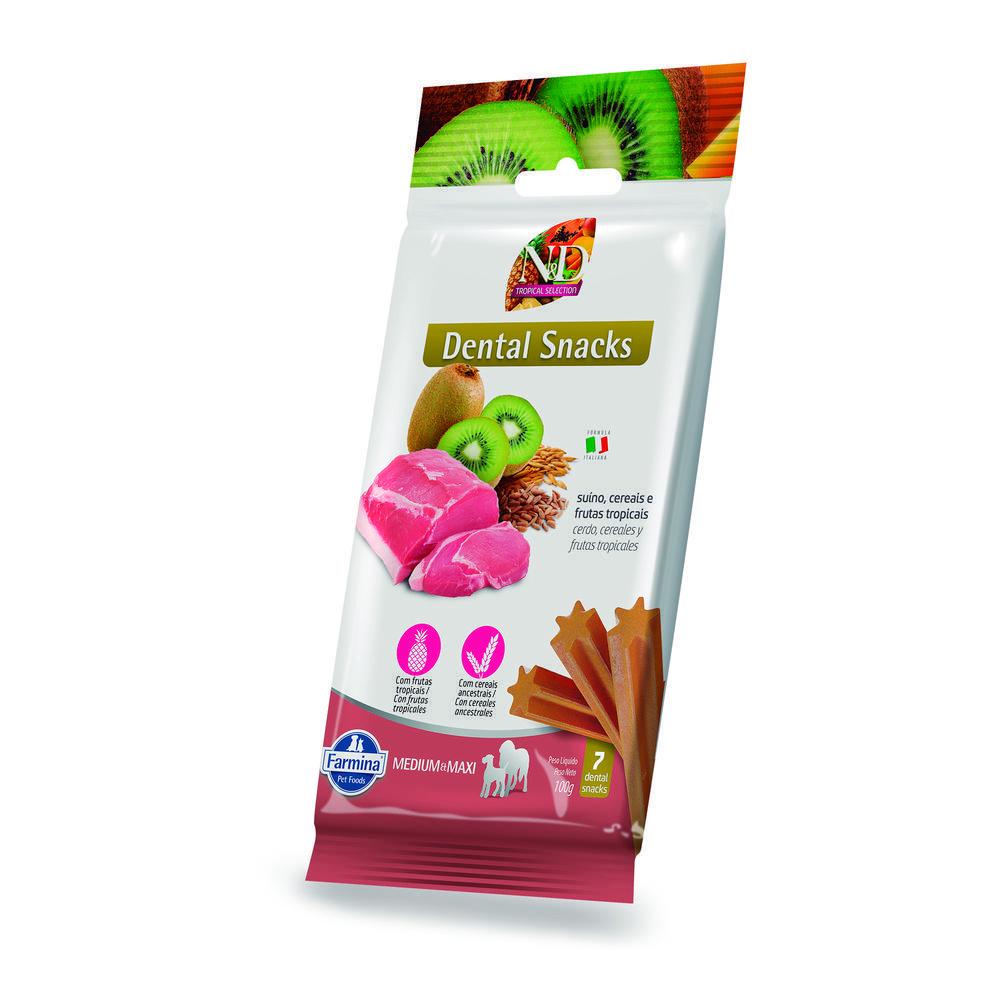 Petisco Dental N&D Tropical para Cães de Raças Médias e Grandes Sabor Suíno, Cereais e Frutas Tropicais 100g