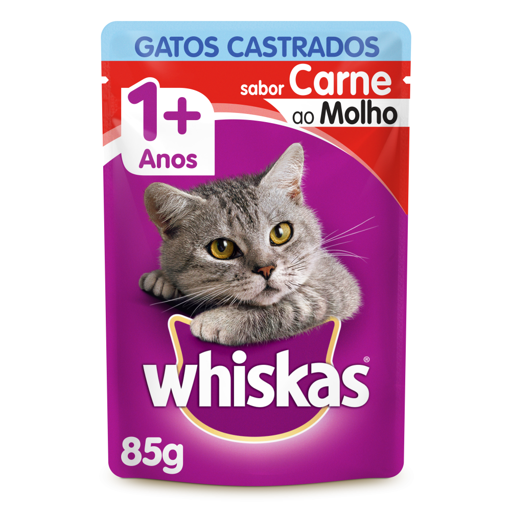 Ração Úmida Whiskas Sachê Carne ao Molho para Gatos Adultos Castrados 85 g 15un